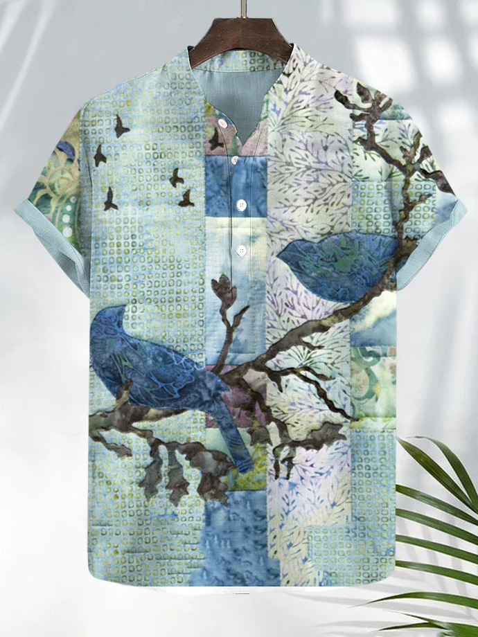Men's Bird and Flower Contrast Color Stitching Art Print Shirt