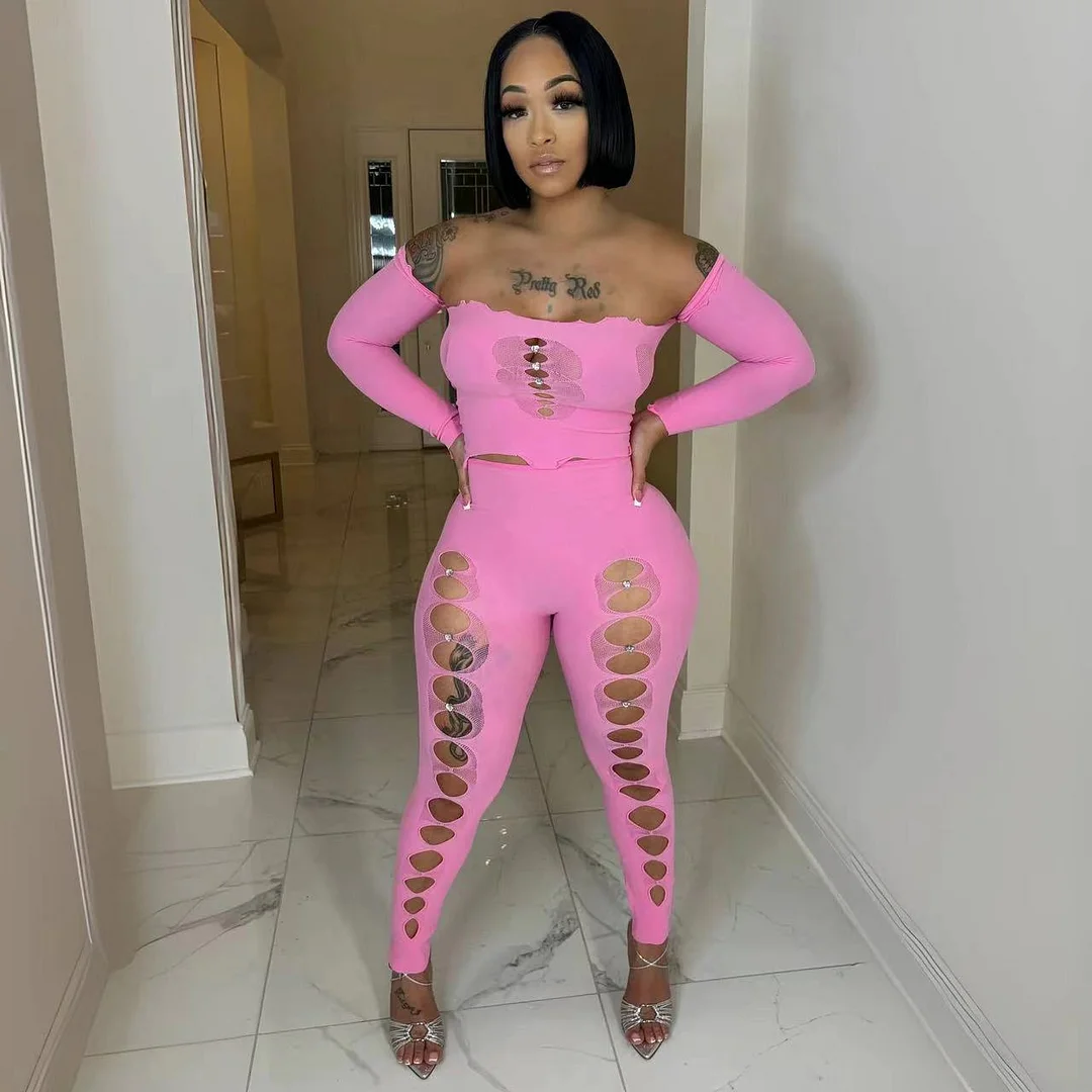 Uveng Uveng Female Solid Color Round Collar Hollow Lace Sexy Body Repair Knit 2 Pieces Set