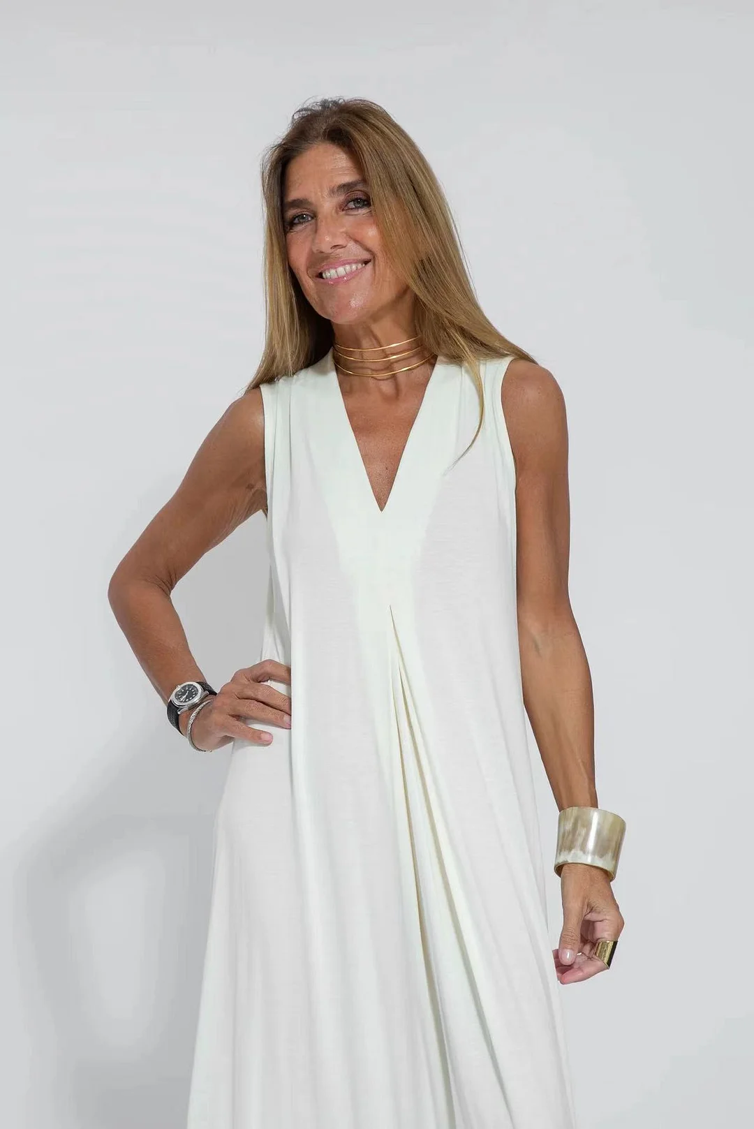 Brownm Brownm Summer New Fashion V-Neck Sleeveless Loose Thin Simple Solid Color Long Dress