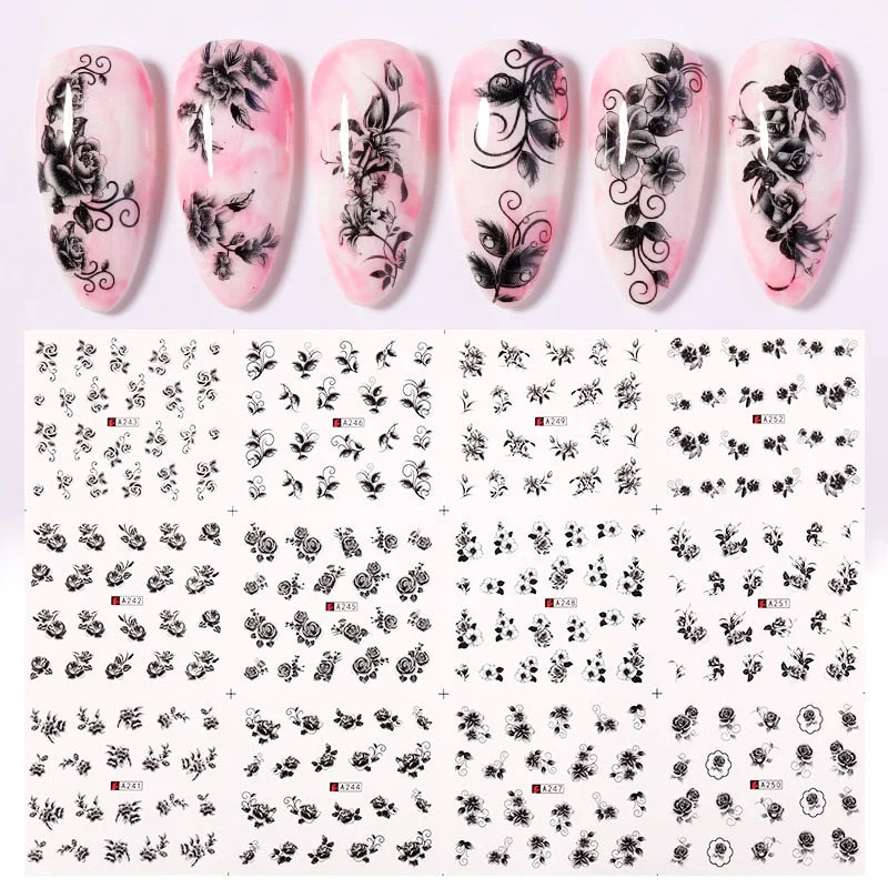 12 Designs Nail Stickers Set Mixed Floral Geometric Nail Art Water Transfer Decals Sliders Flower Leaves Manicures Decoration-Nail Inspo