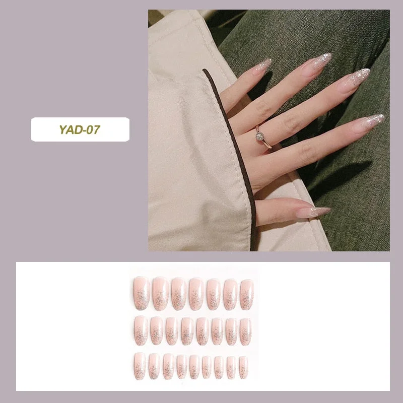 24pcs fake stick on nails Shiny Long Paragraph Fashion Removable Manicure Patch press on nails long stiletto full cover for girl