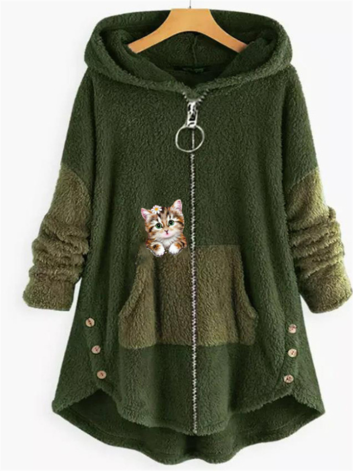 Women's Fleece Jacket Pullover Casual Sherpa Fleece Teddy Zip Up Front Pocket Green Black Pink Cat Street Hoodie Long Sleeve Fleece S M L XL XXL 3XL | 168DEAL