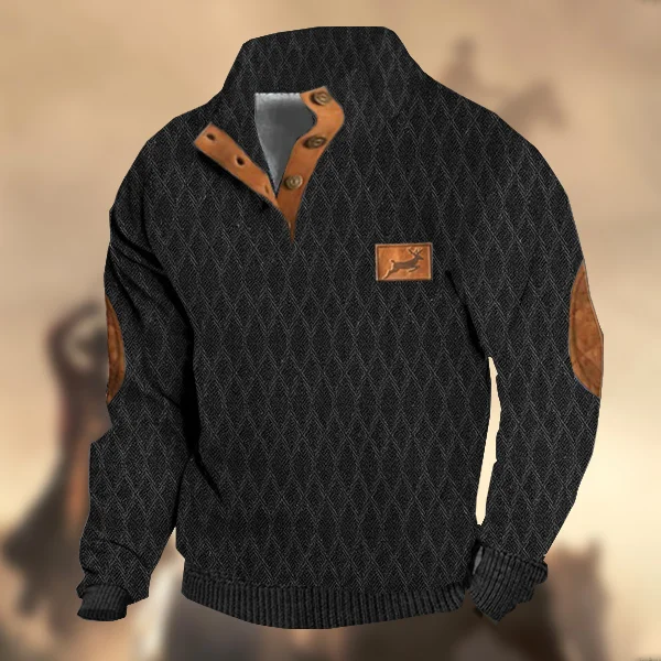 Men's Vintage Western Hunter Elk Diamond Check Fabric Print Henley Stand Collar Sweatshirt