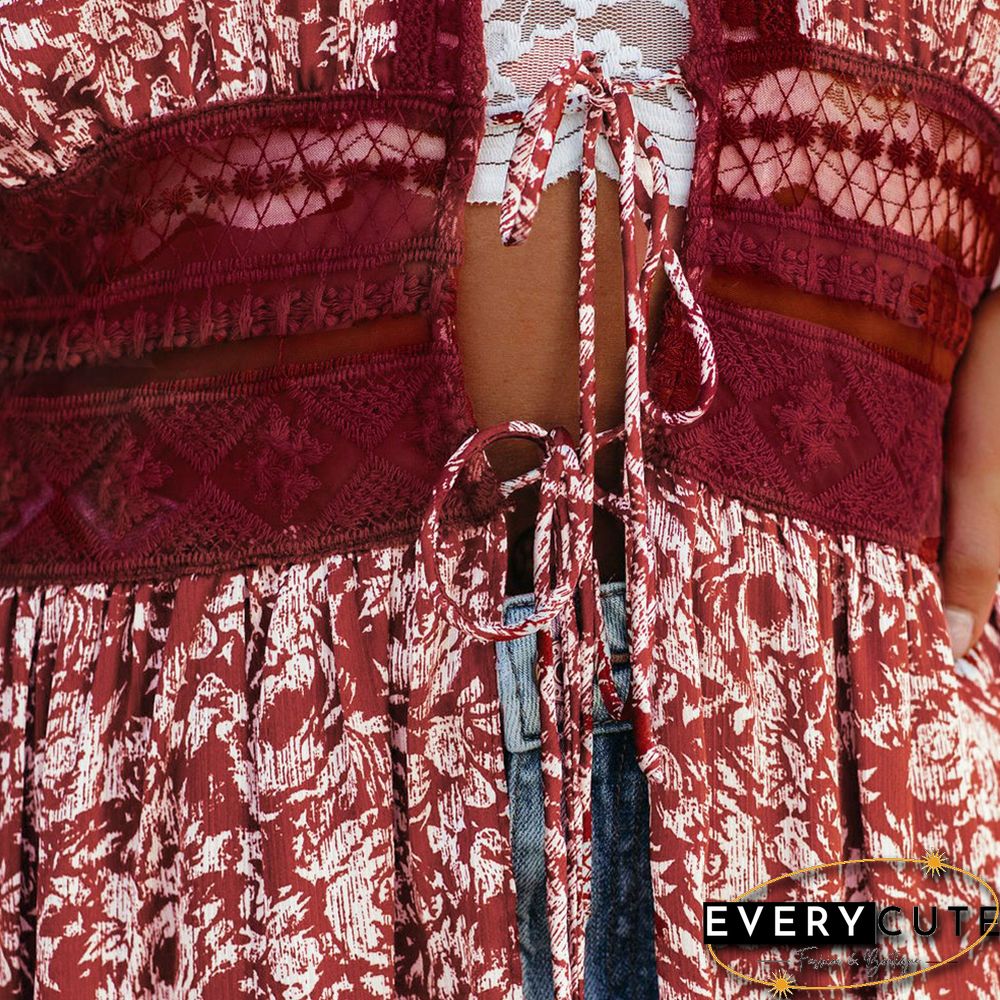 Rust Red Chiffon & Lack Long Kimono Beach Cover