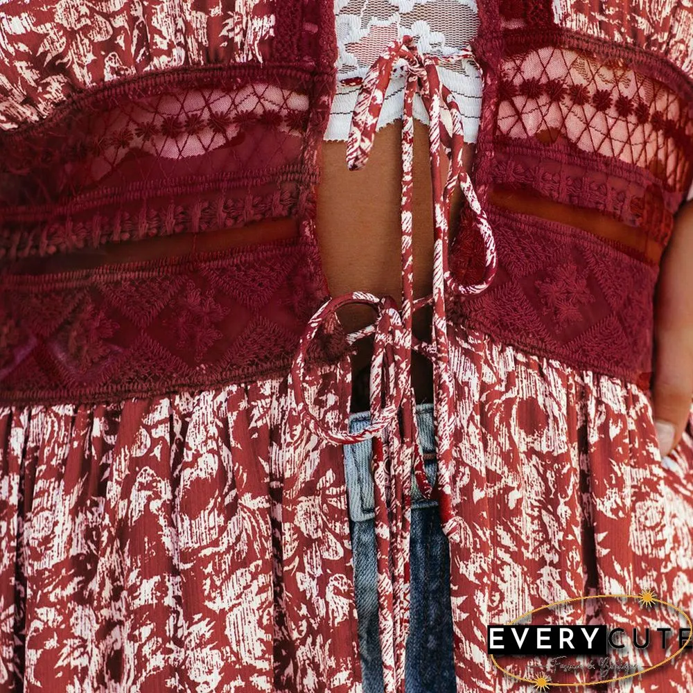 Rust Red Chiffon & Lack Long Kimono Beach Cover