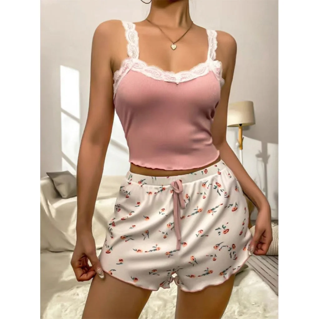 Churchf Home Clothes Lace Sling Shorts Set Comfortable Elastic Home Leisure Can Wear Pajamas