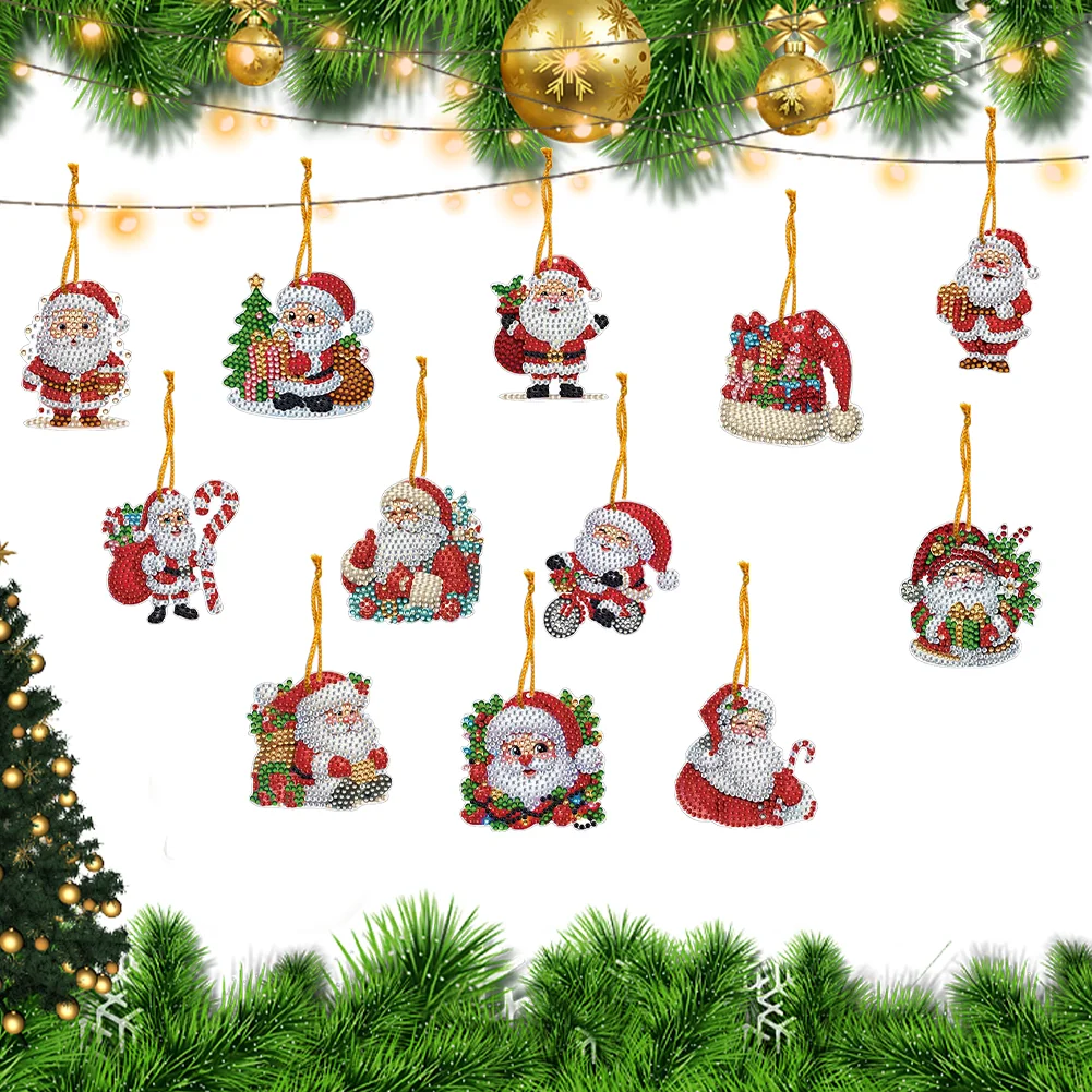 12Pcs Xmas Theme 2D Flat DIY Diamond Christmas Tree Pendant Wall Door Decoration