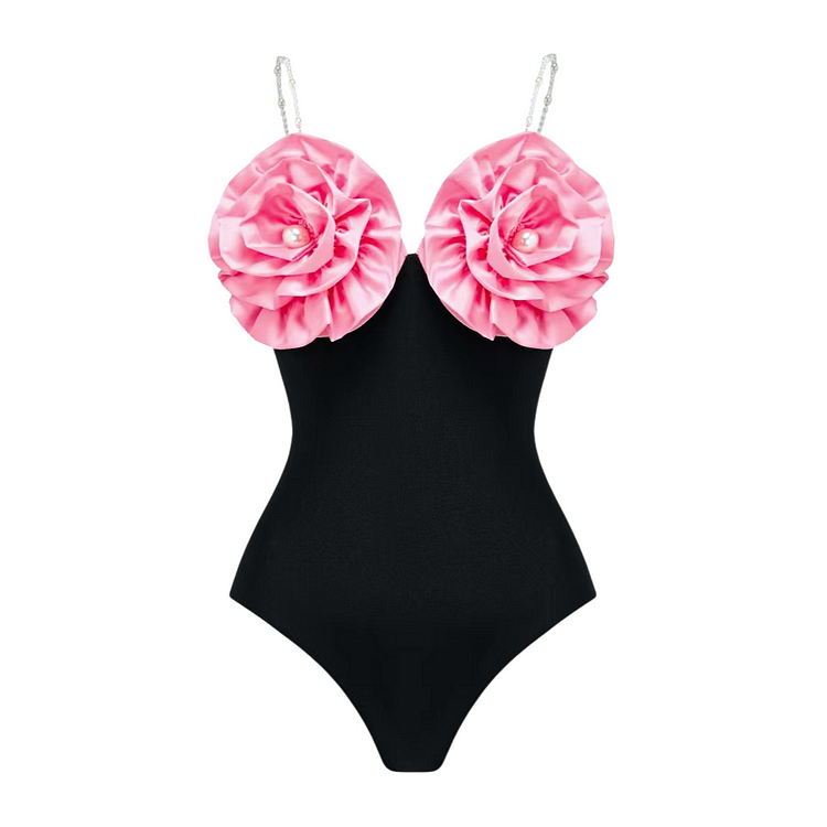 3D Flower Detachable Pearl Strap One Piece Swimsuit and Skirt Flaxmaker