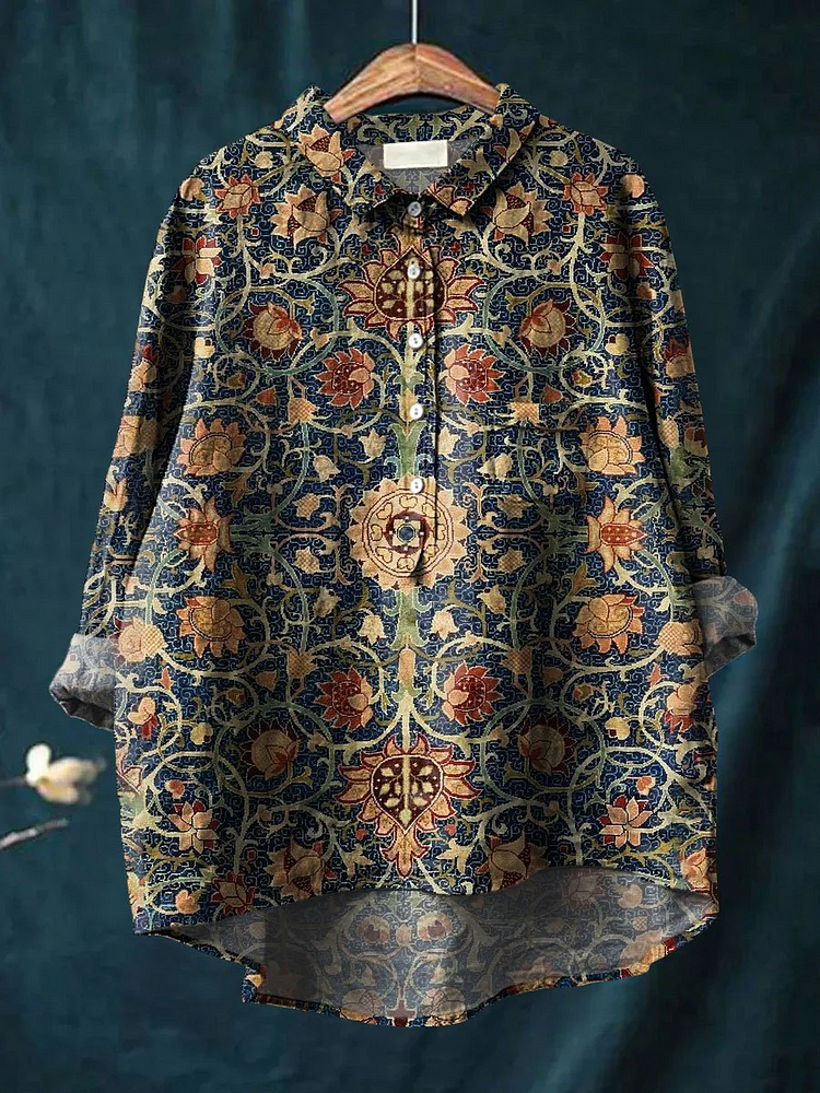 Vintage Art Print Casual Cotton And Linen Shirt