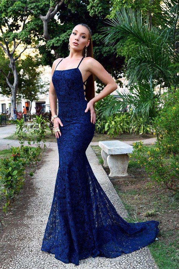 Classic Navy Blue Lace Mermaid Evening Dress String Back - lulusllly