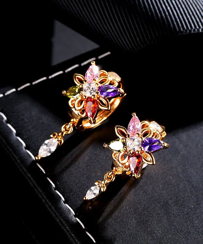 Regular Gold Alloy Crystal Zircon Floral Tassel Drop Earrings