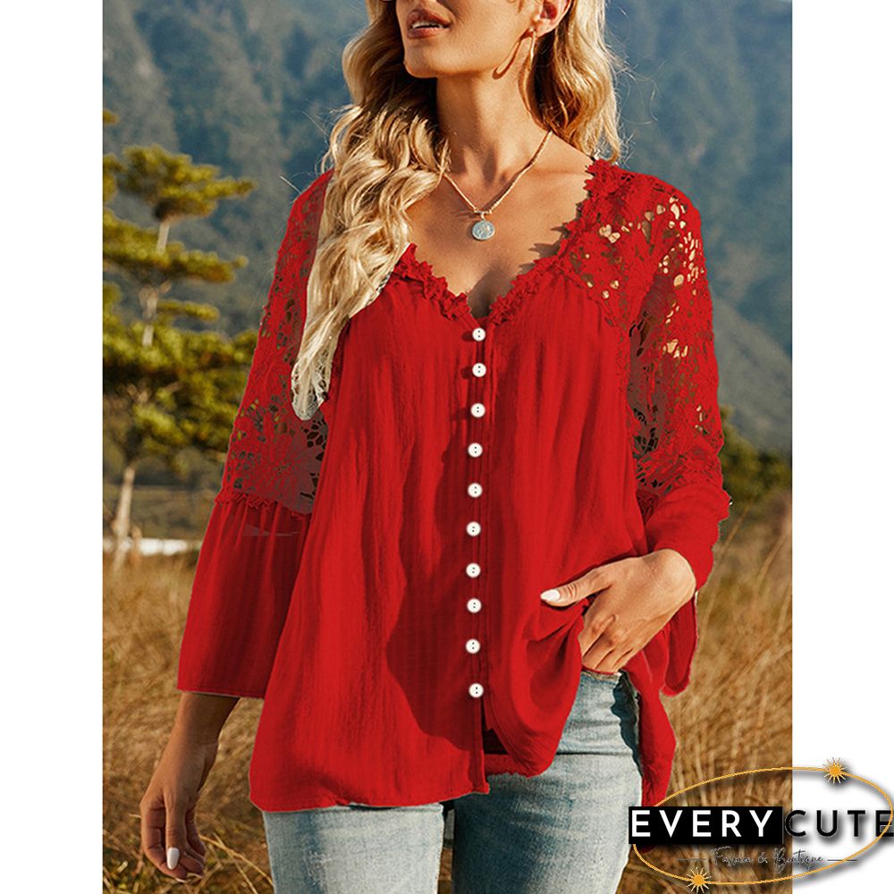 Red Lace Crochet V Neck Long Sleeve Blouse