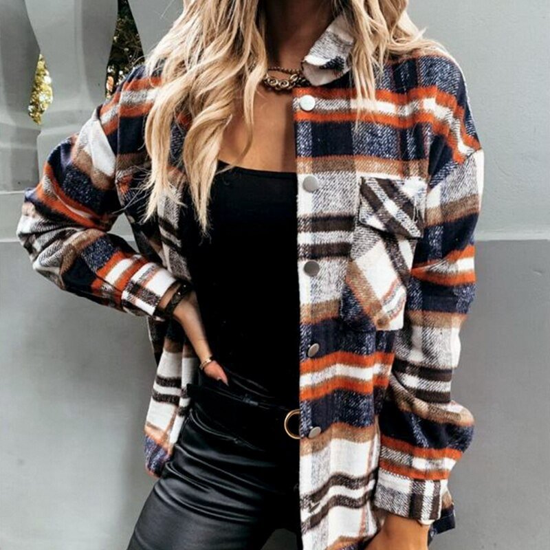 Ladies Casual Autumn Winter Jacket Women Coat Streetwear Lapel Loose Outerwear Pockets Women Plaid Jacket Coats Chic Tops Female