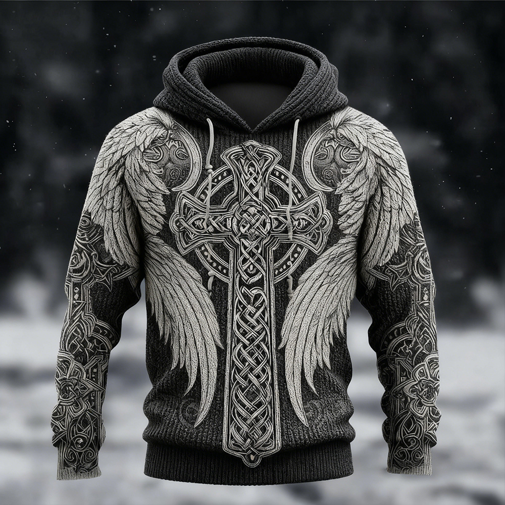 Men's Celtic Cross With Wings Viking Cozy Knit Hooded Sweater elevenforest