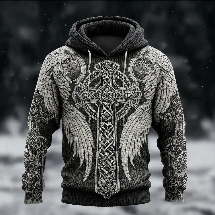 Men's Celtic Cross With Wings Viking Cozy Knit Hooded Sweater