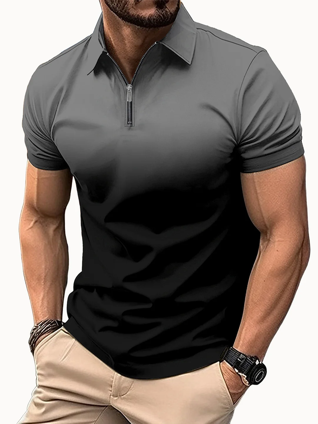 Men's Gradient Zipper Casual POLO Shirt