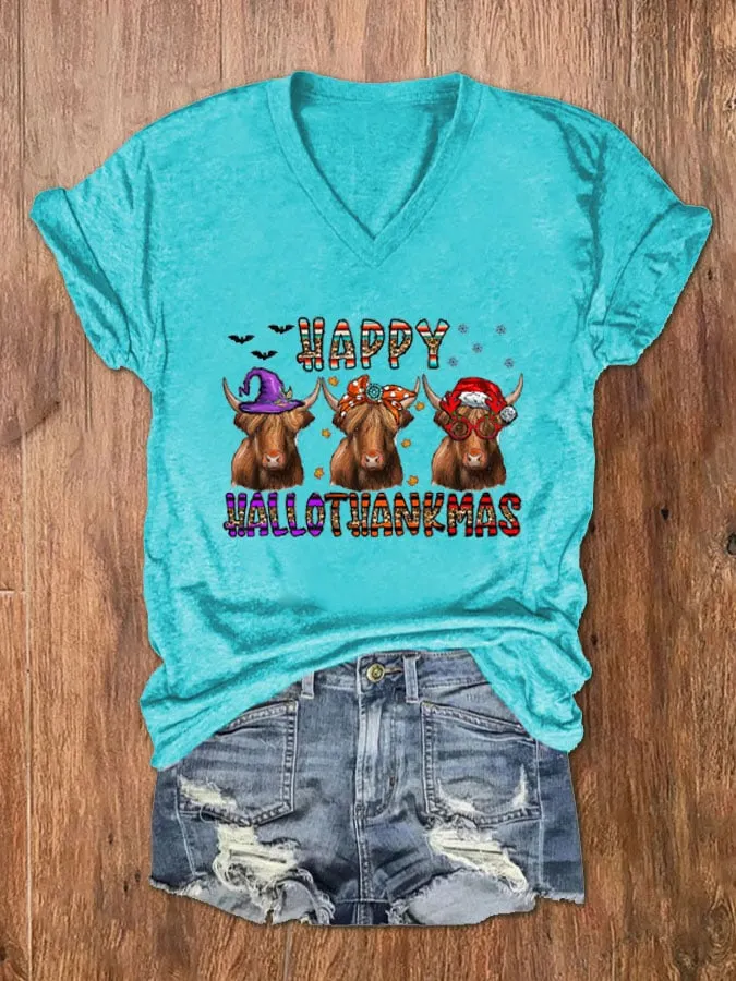 Women's Happy Hallothanksmas Funny Cows Print V-Neck T-Shirt