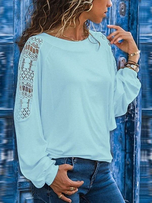 Round Neck Long Sleeve Lace Patchwork T-Shirts