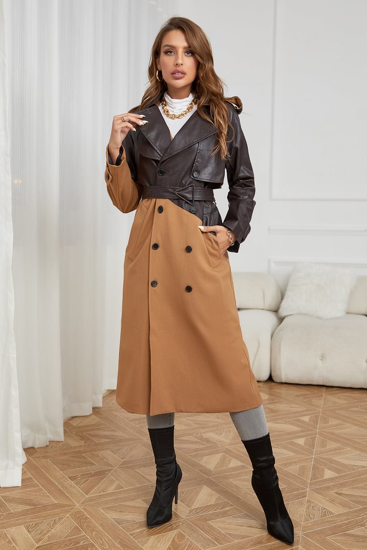Cherley Patchwork Leather Trench Coat Long Outwear
