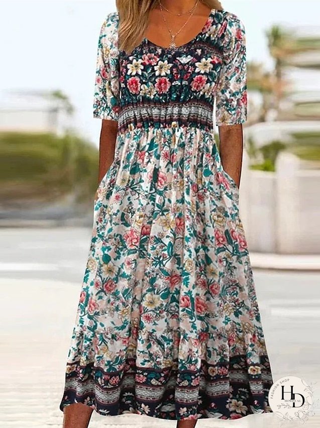 Casual Dress Summer Dress Boho Dress Floral Ruched Pocket Crew Neck Midi Dress Fashion Modern Outdoor Daily Short Sleeve Regular Fit Pink Dark Blue Light Blue Summer Spring S M L XL XXL for Women