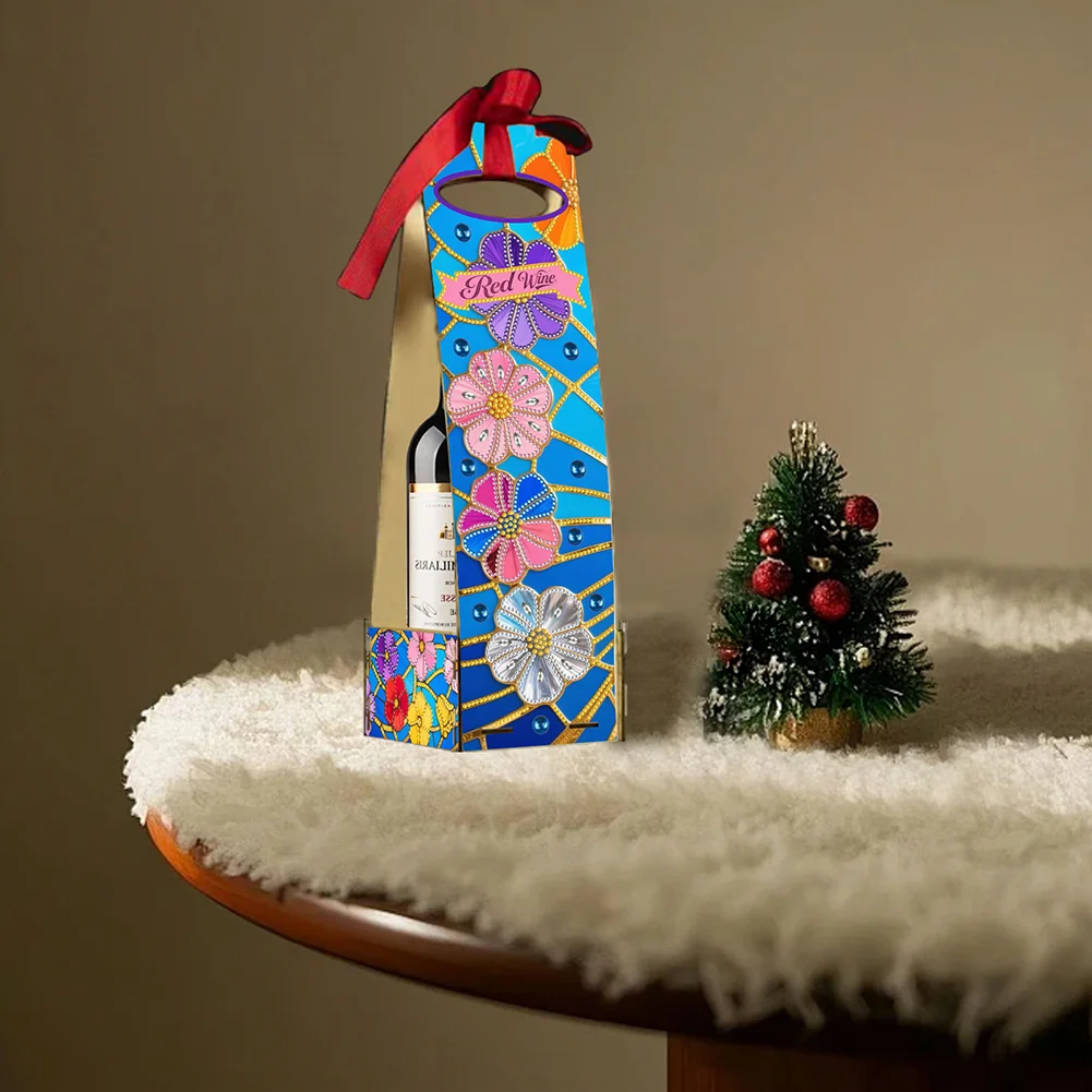 Wooden 5D/DIY Diamond Painting Art Wine Bag Kit for Party Wine Decor (Flowers)