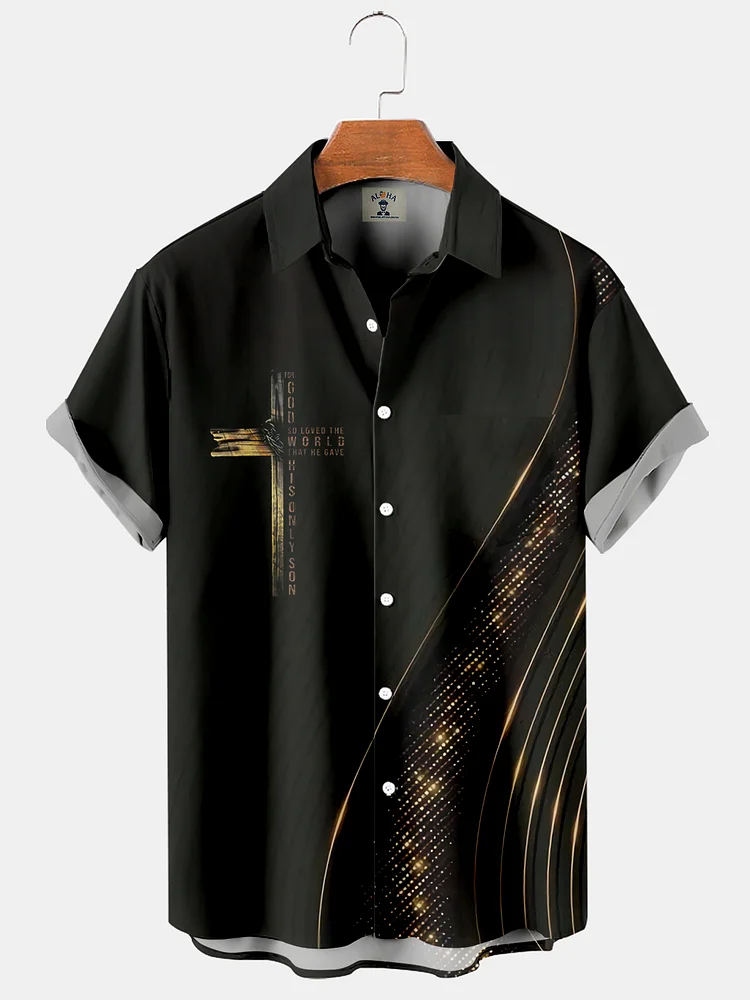 Men's Casual Hawaiian Streamer Cross Print Short Sleeve Shirt