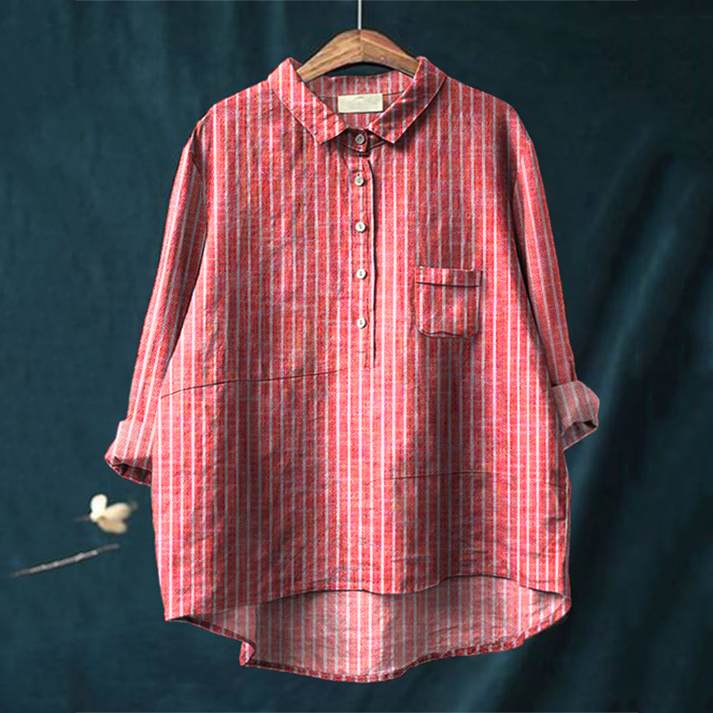 wearshes Striped Lapel Loose Linen Blend Shirt