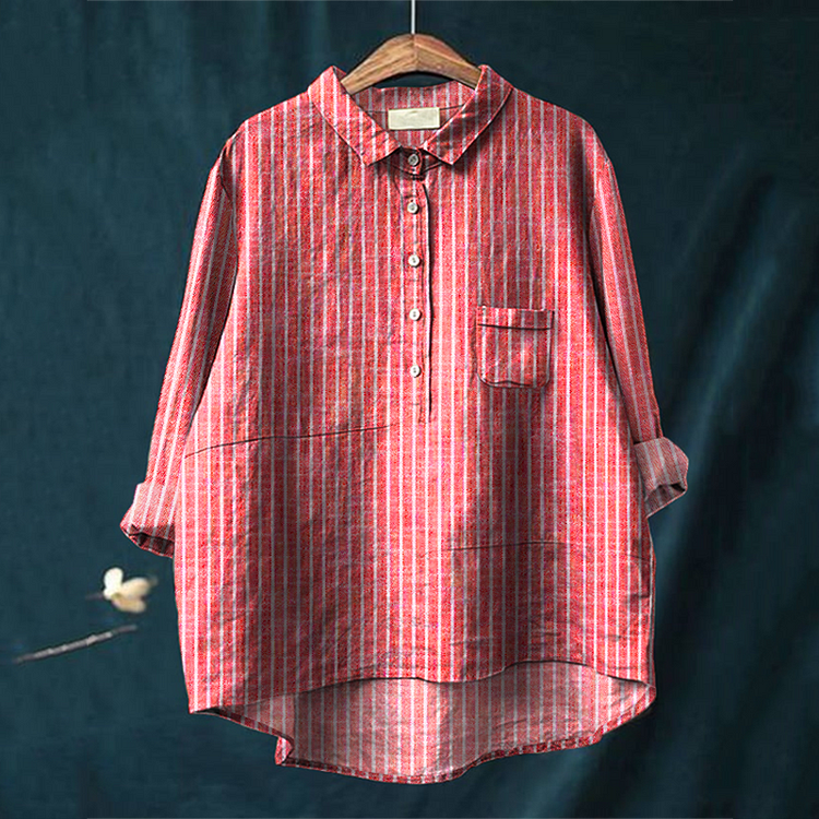 Striped Lapel Loose Linen Blend Shirt