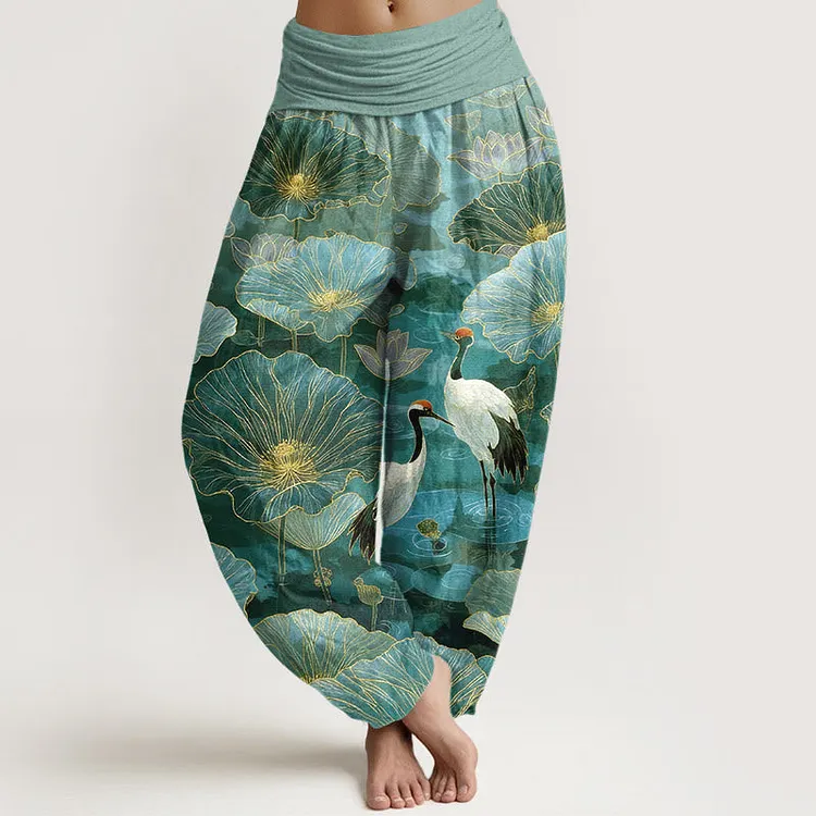 Cotton Elegant Crane Lotus Flower Leaf Pattern Women's Elastic Waist Harem Pants