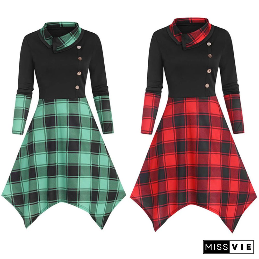 Lapel Button Decor Plaid Splice Irregular Dress