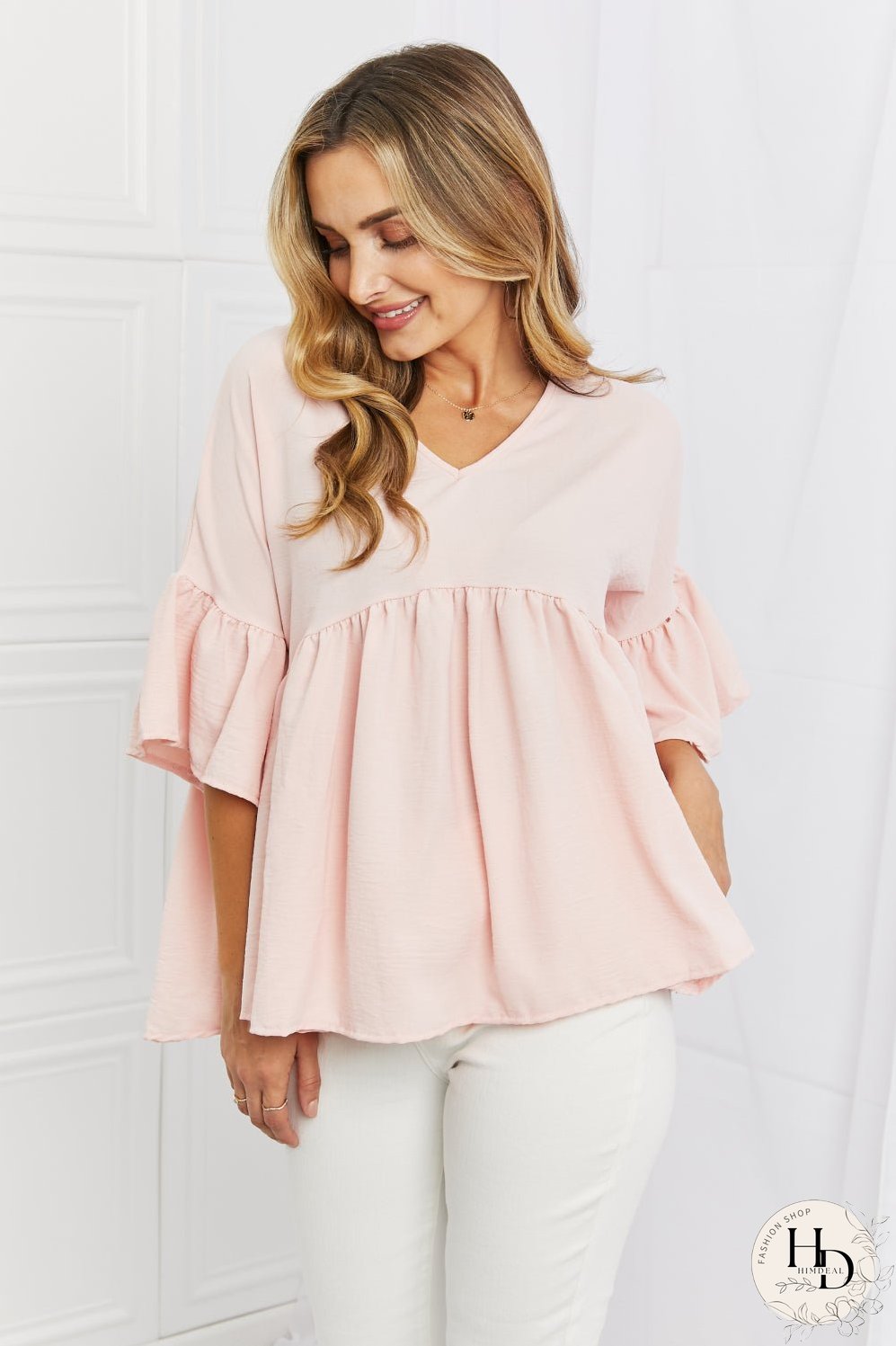 Celeste Look At Me Full Size Flowy Ruffle Sleeve Top in Pink