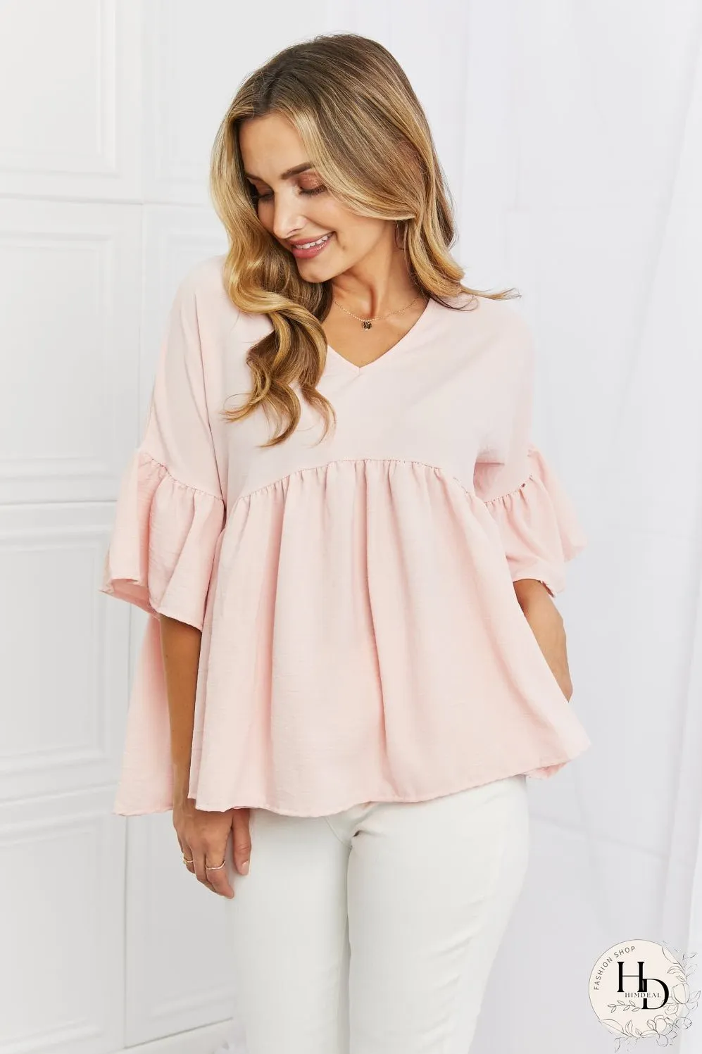 Celeste Look At Me Full Size Flowy Ruffle Sleeve Top in Pink