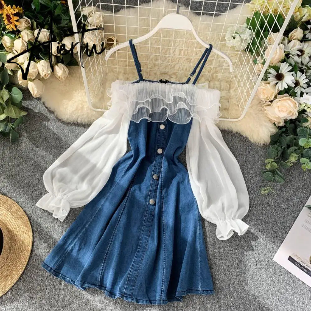green emerald velvet dress Korean Style] Long Sleeve Single Breasted Denim Dress w/ Belt  Ordicle