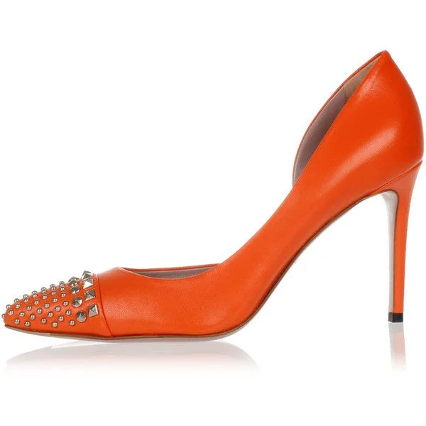 Women's Orange Rhinestone Pointy Toe Stiletto Heels D'orsay Pumps |FSJ Shoes
