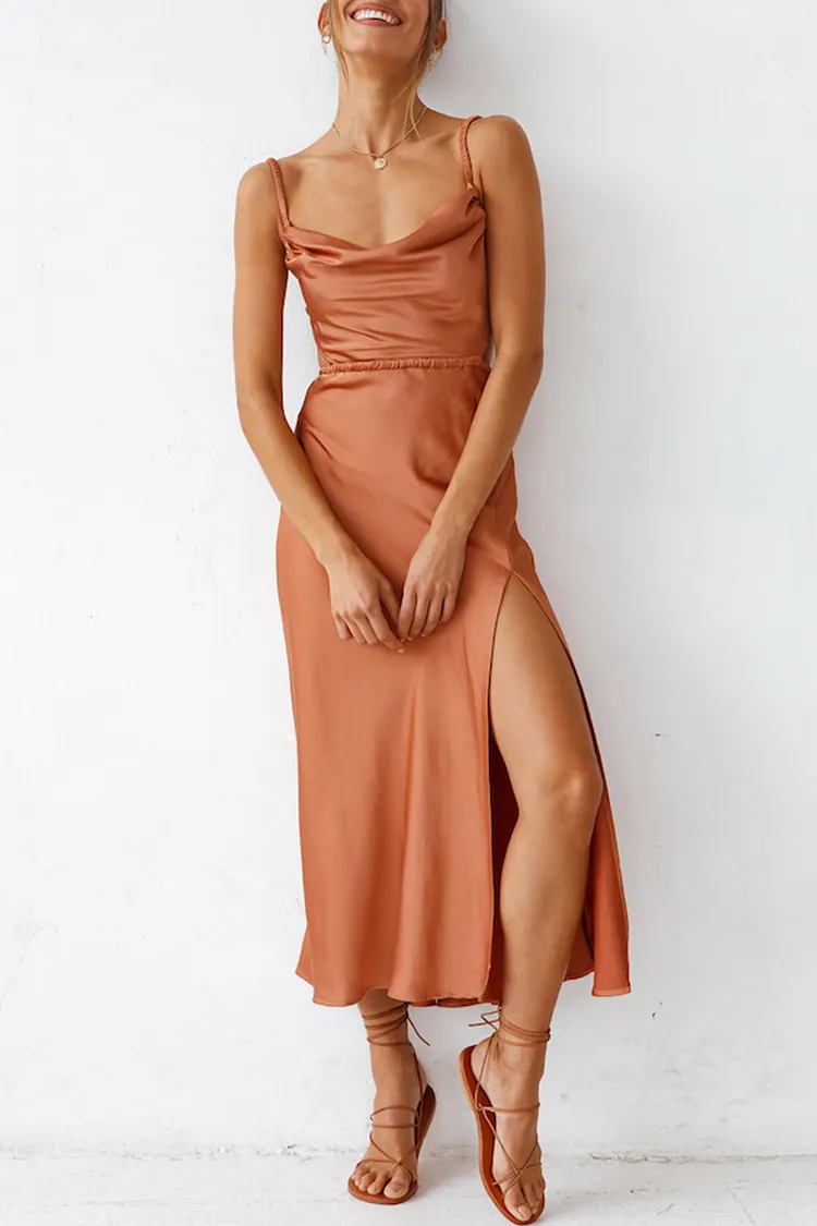 Cowl Neck Tie-back Slit Cami Dress