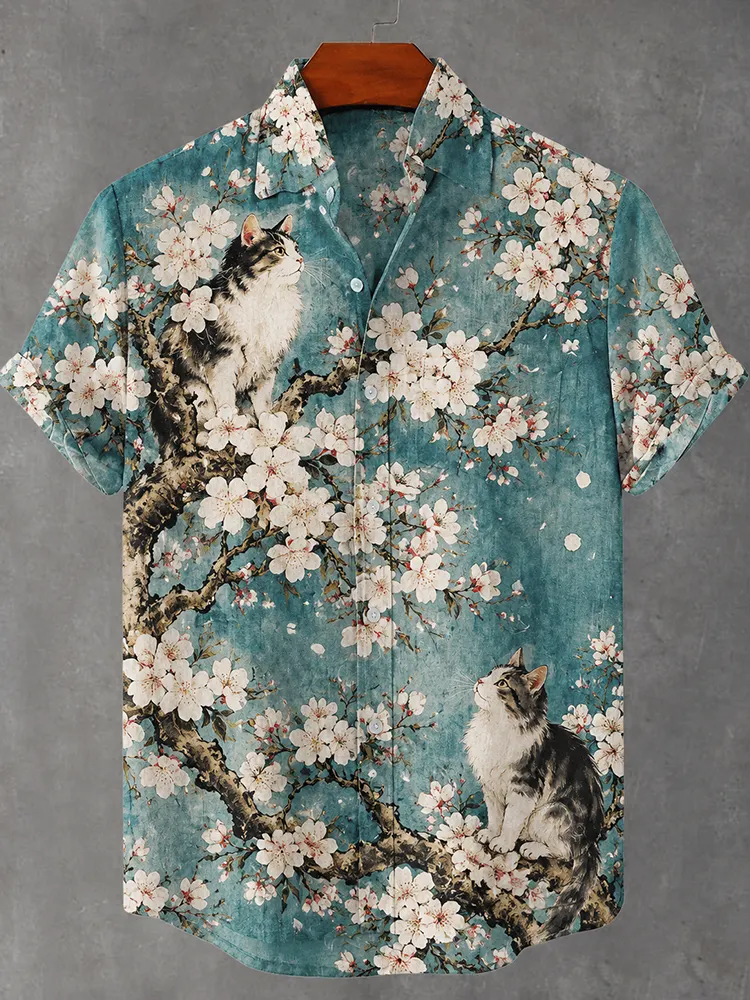 Men's Vintage Floral & Cats Print Short-sleeve Casual Shirt  artssus