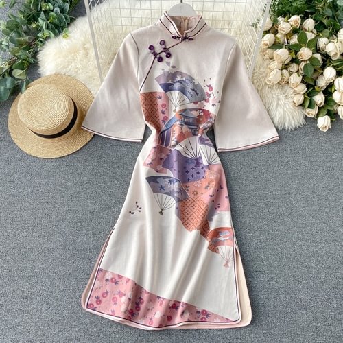 Neploe Women Chinese Style Dress Spring Stand Print Button Half Knee-Length Flare Sleeve Vestido Slim Female Dresses 1A176 - Shop Trendy Women's Fashion | TeeYours