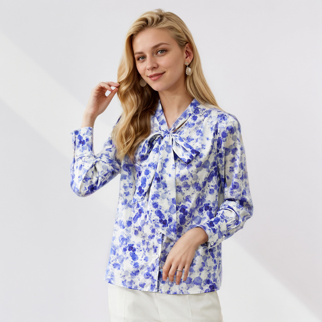 Blue Print V-neck Silk Ribbon Blouse Long Sleeves REAL SILK LIFE
