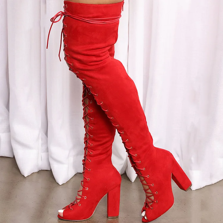 Full Red Lace-up Thigh High Block Heel Boots Vdcoo