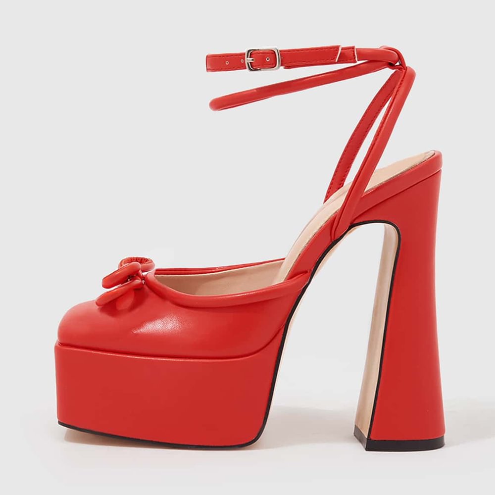 Full Red Leather Closed Square Toe Platform Pumps with Bow Décor Ankle Strap Slingback Chunky Heels  Nicepairs