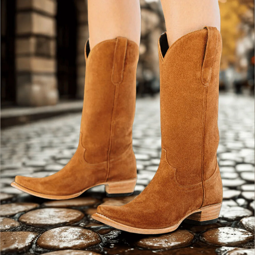 Tan Vegan Suede Sophisticated Snip Toe Low Heel Women's Western Boots