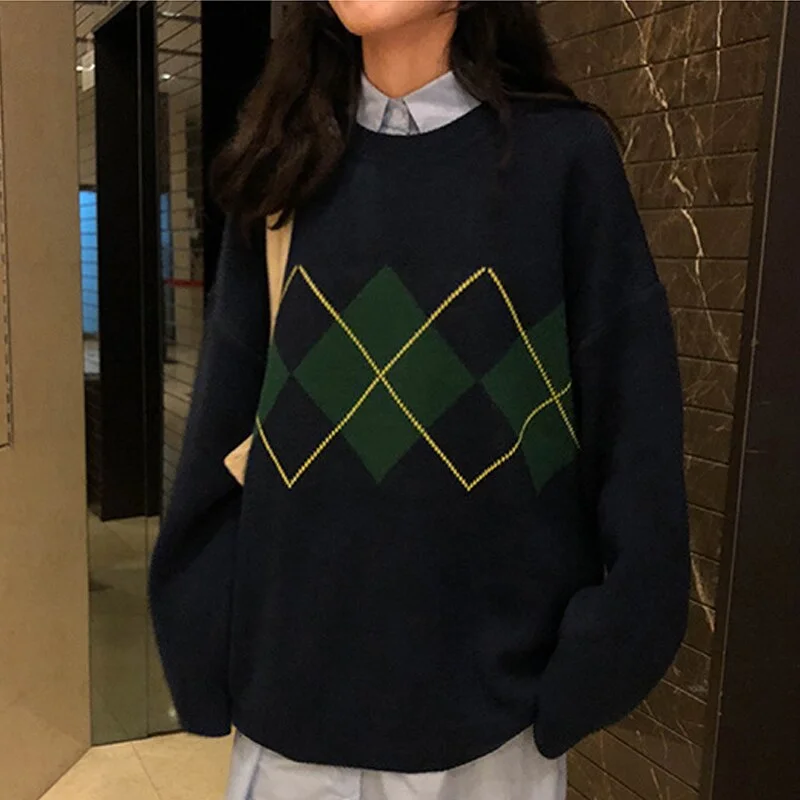 Geometric Knitted Sweater Women's Oversized Pullovers Korean Style Loose Jumper Ladies Autumn Long Sleeve Chic Argyle Sweater