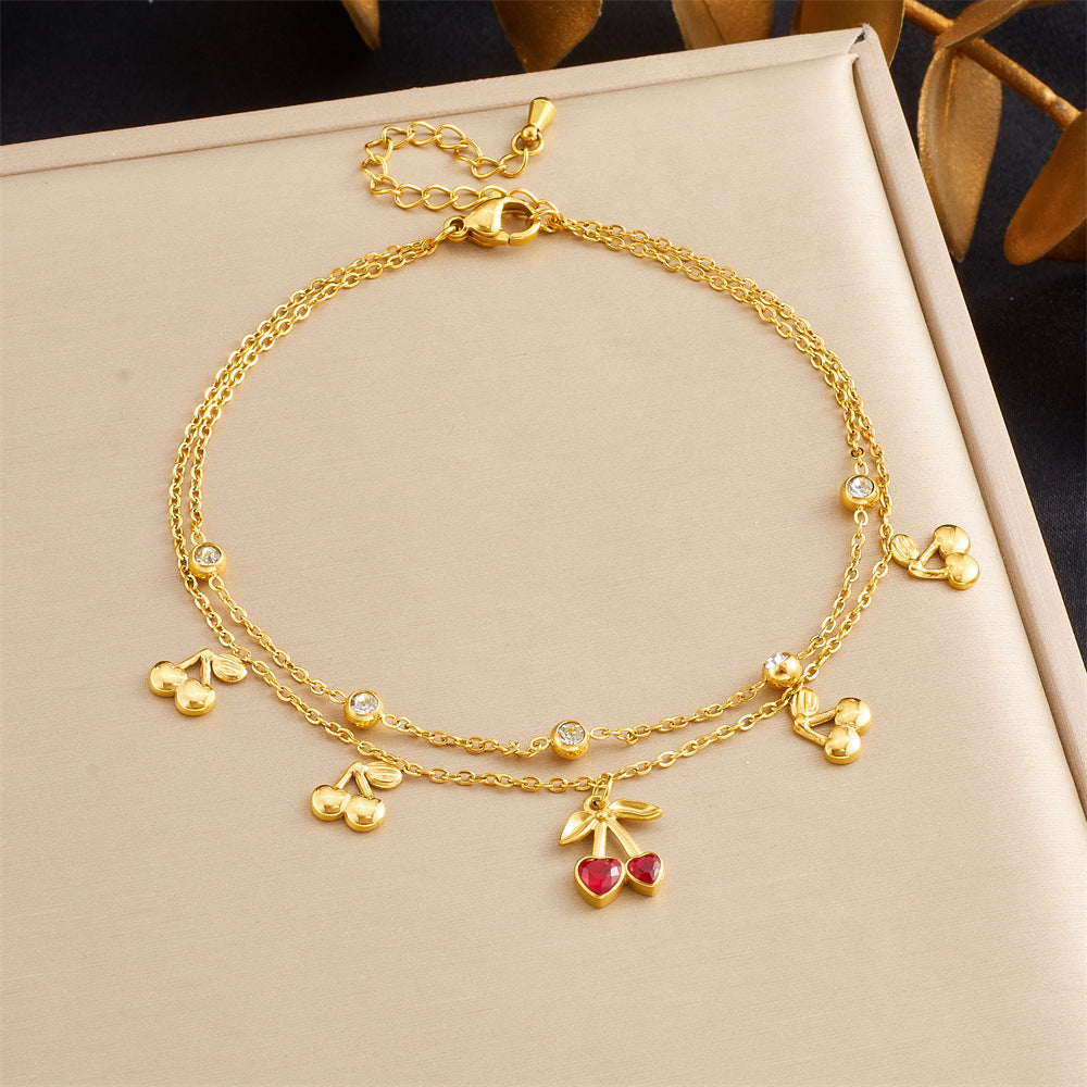 Korean Style Fashion Stacking Double Chain Diamond Cherry Starfish Flower Star Moon Pendant Stainless Steel Anklet Female