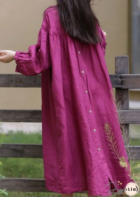 Loose Rose O Neck Button Solid Cotton Long Dress Fall