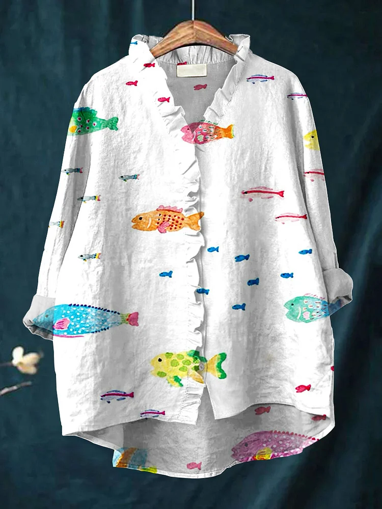 Women's Vintage Abstract Fish Art Print Casual Cotton And Linen Ruffle Shirt