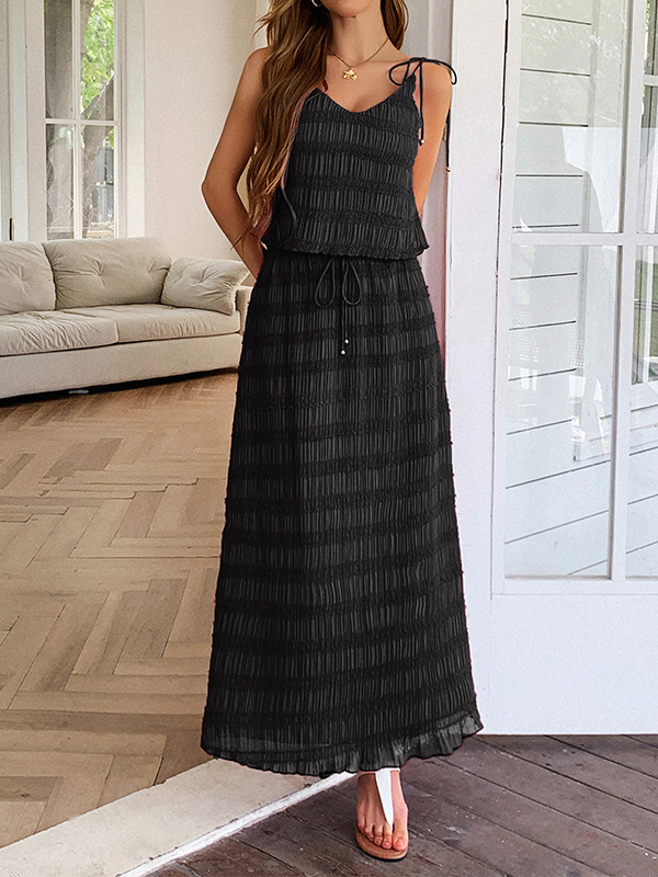 Loose Sleeveless Pleated Solid Color Spaghetti-Neck Vest Top + Drawstring Skirts Bottom Two Pieces Set