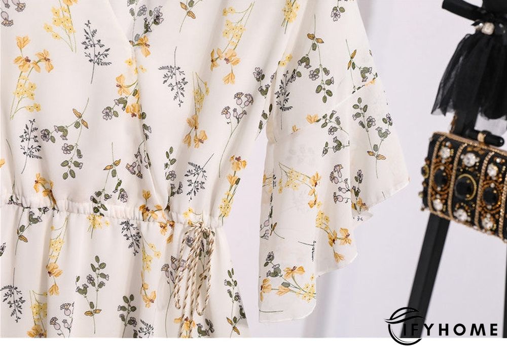 Spring Summer Chiffon Women V-Neck Floral Print Short Dresses Sweet Ruffle Sleeeve Slim Drawstring Ladies Dress | IFYHOME