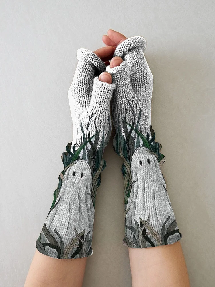 Women's Halloween Cute Knit Ghost Print Fingerless Gloves