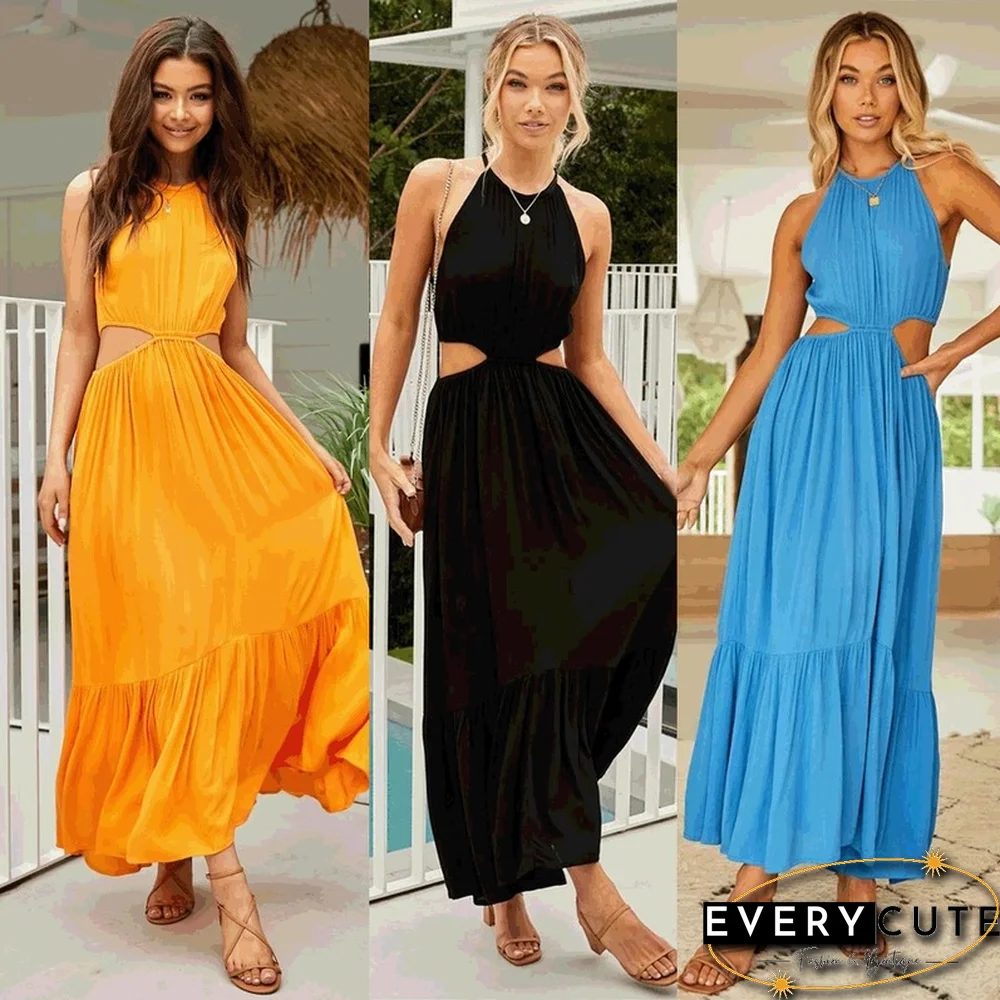 Chic Sexy Beach Vacation Dress Women Summer Dress New Casual Empire Hollow Out Slim Sleeveless Long Waistless Halter Dress