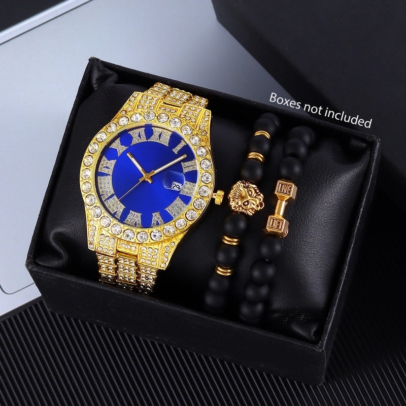 Light Luxury Men’s Business Rhinestone Calendar Watch, Colored Noodles And Bracelet Lion’s Head 3 Pieces